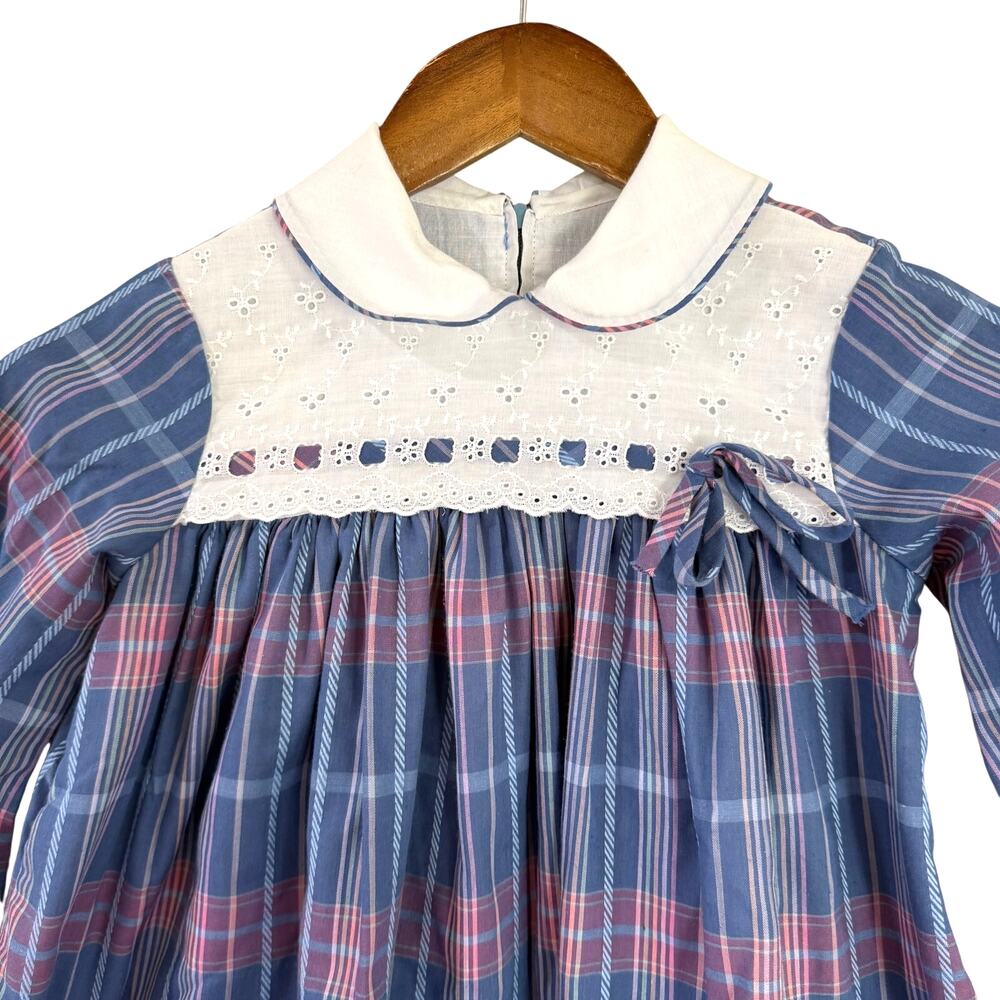 Vintage 90s Jayne Copeland Girls Plaid Dress Size 6 Eyelet Collar Blue Pink - Picture 2 of 11